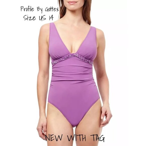 Profile By Gottex One-Piece Swimsuit V-Neck Purple Women's Size 14 New With Tag - Picture 1 of 5